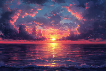 Sunset over the ocean with dramatic clouds reflecting on the calm water.