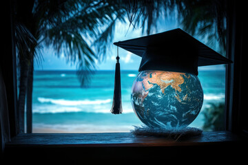 Graduation cap atop a window sign overlooking the beach.
