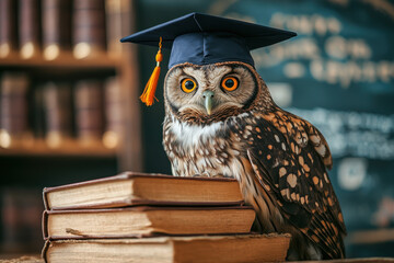 Owl in graduation cap perched on stack of books, symbolizing wisdom and knowledge.