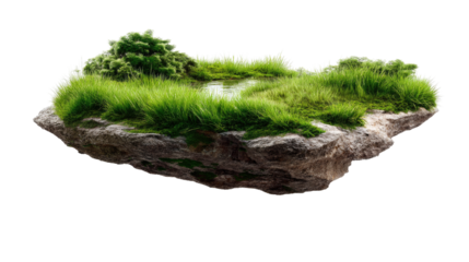 Floating Island Oasis: A tranquil miniature island floats serenely, showcasing lush green grass, a small pond, and vibrant miniature plants. Ideal for fantasy, game design, or nature-themed projects.