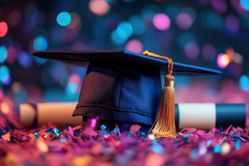 Graduation cap and diploma resting on a pile of books in a celebratory display.