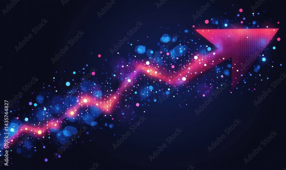 Poster dynamic upward trend illustrated with glowing lines and particles.