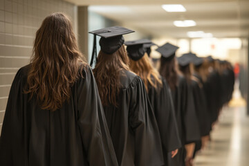 Graduates in graduation gowns walking down a bright hallway, smiling and holding diplomas, proud and excited for their future.