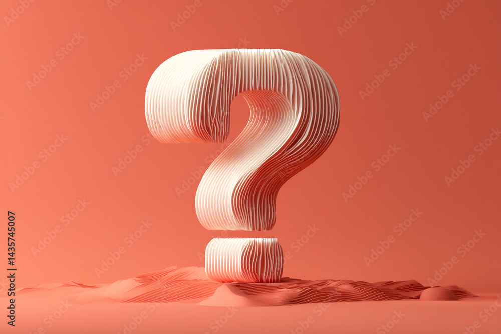 Aufkleber White question mark with layered texture sits on coral-colored undulating surface, creating abstract, minimalist design, suggesting inquiry or uncertainty