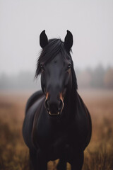 Obraz premium Majestic Black Horse in a Misty Field