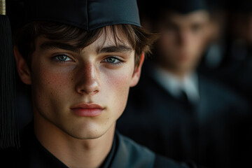 Young man in graduation cap and gown holding diploma with beaming smile, surrounded by cheering family and friends in a packed auditorium.
