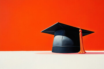 Graduation cap on table with books, diploma, and flowers - symbol of academic achievement and celebration.