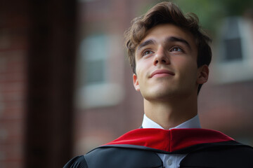 Young man in a graduation gown, holding diploma, smiling proudly, surrounded by family and friends clapping. Graduation cap on the floor.