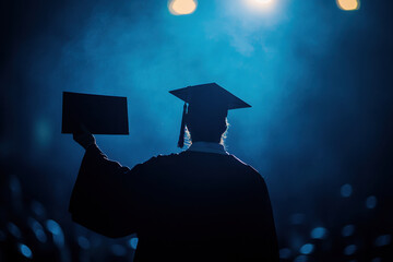 Graduate triumphantly holds diploma aloft before cheering crowd.