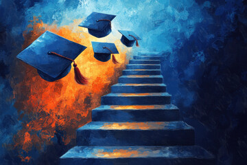 Graduation hat soaring over staircase, symbolic of achievement and progress.