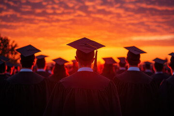 Group of graduates in caps and gowns, tossing their hats in the air in front of university building, celebrating graduation day.