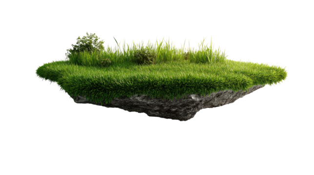 Floating Island Oasis: An enchanting aerial view of a unique, floating island ecosystem featuring lush green grass and vegetation, seemingly suspended in mid-air.