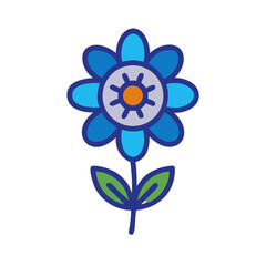 Stylized blue flower with leaves illustration on black background