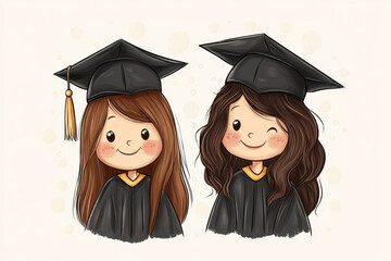 cute girls in graduation caps, smiling joyfully as they hold diplomas, surrounded by a group of cheering friends and family.