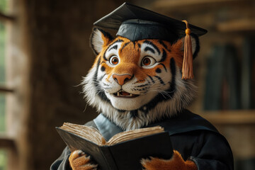 A tiger in a graduation cap holds a book, symbolizing learning and achievement.