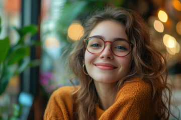 Woman in glasses smiling warmly amidst a lush garden, sunlight filtering through the trees, creating a peaceful and inviting atmosphere.