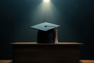 Graduation cap on desk with diploma, books, and a vase of flowers, symbolizing academic achievement and celebration.
