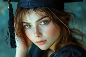 Young woman in graduation cap and gown, holding diploma with a big smile, surrounded by cheering family and friends at a commencement ceremony.