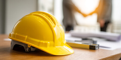Yellow hard hat on wooden table, blurred background shows business handshake, symbolizes safety, construction, collaboration, and project success