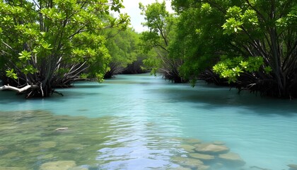 Serene Tropical Mangrove Forest with Crystal Clear Turquoise Water
