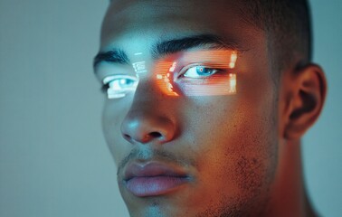 Photo of a man with an eye biometric scan and digital security hologram on a grey background,. Web banner with copy space on the right side. 
