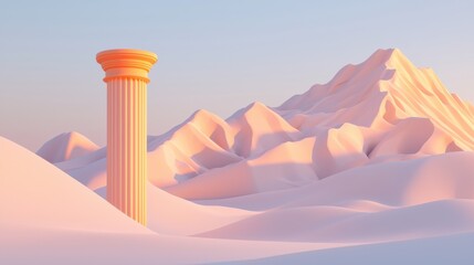 A tall, orange column stands in a serene, snow-covered landscape, with a majestic mountain in the background.
