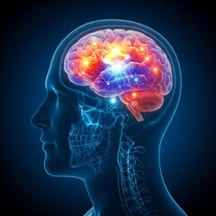 Conceptual image of a man from side profile showing brain and brain activity