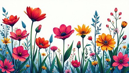 Fototapeta premium Intricate line art wildflowers, continuous print, tileable, textile, geometric