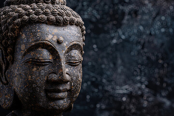 Ancient statue great Buddha on bright holiday composition, abstract vivid composition consists of fictional unreal fantastic vision on background