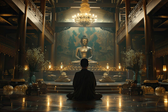 Ancient statue great Buddha on bright holiday composition, abstract vivid composition consists of fictional unreal fantastic vision on background