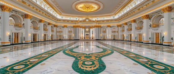 Obraz premium Palatial interior. Marble floors, gold accents, arched doorways, and decorative ceiling