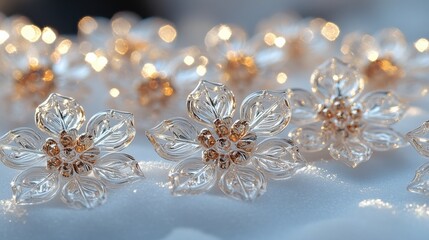 Fototapeta premium Close-up of delicate glass flowers with golden centers shimmering on a soft white surface