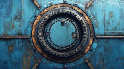 Top-down view of a round, blue steel door in an industrial steampunk spaceship. Photorealistic, cinematic concept art with detailed metal textures and futuristic design elements.