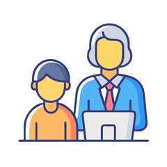 Obraz premium Teacher and student with computer in flat vector illustration