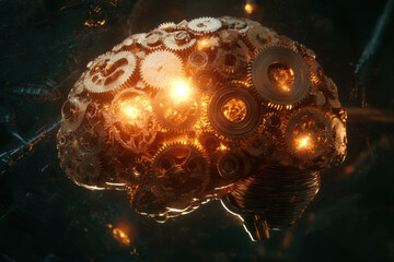 Mechanical brain: intricate gears symbolize complexity and intelligence.