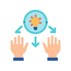 Idea generation represented with hands, light bulb, and arrows