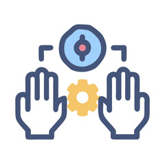 Obraz premium Hands reaching for gear graphic on solid black background