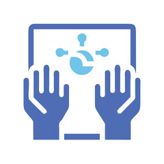 Digital hands holding tablet displaying connection data network symbol