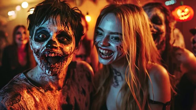 Two zombie people in halloween costume.