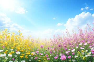 field of colorful flowers with a blue sky in the background 2
