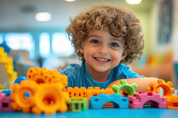 Fototapeta premium Young boy happily playing with toys in a colorful room filled with stuffed animals and building blocks.