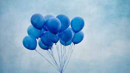 Bunch of blue balloons against a light-blue textured background, suggesting celebration, joy, and lightnessFree space for text or design