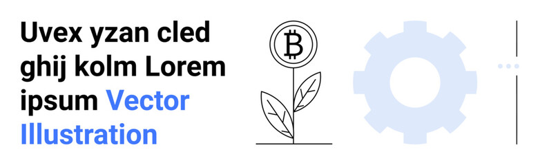 Bitcoin symbol on a sprouting plant beside a gear icon representing growth, technology, and progress. Ideal for cryptocurrency, fintech, innovation, sustainability, blockchain, startup simple