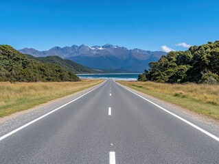 Naklejka premium Straight Road to Mountain Lake