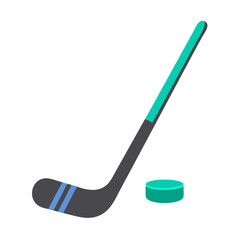 Flat hockey stick and puck illustration on black background