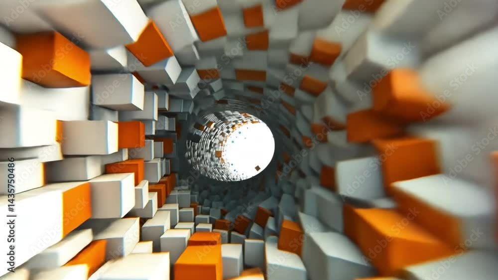 Poster dynamic 3d tunnel of orange and white cubes an abstract geometric pattern creating depth and movemen