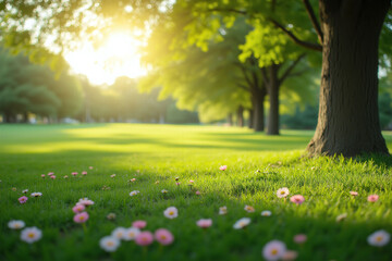 Obraz premium field of flowers with a tree in the background