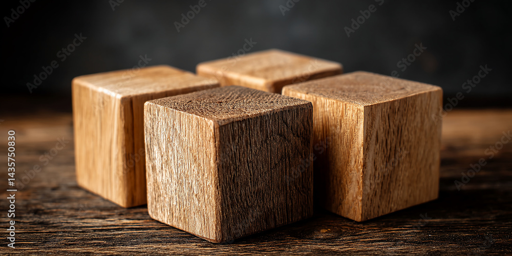 Poster four brown wooden cubes on rustic wood surface, creating a simple yet elegant display, ideal for pro