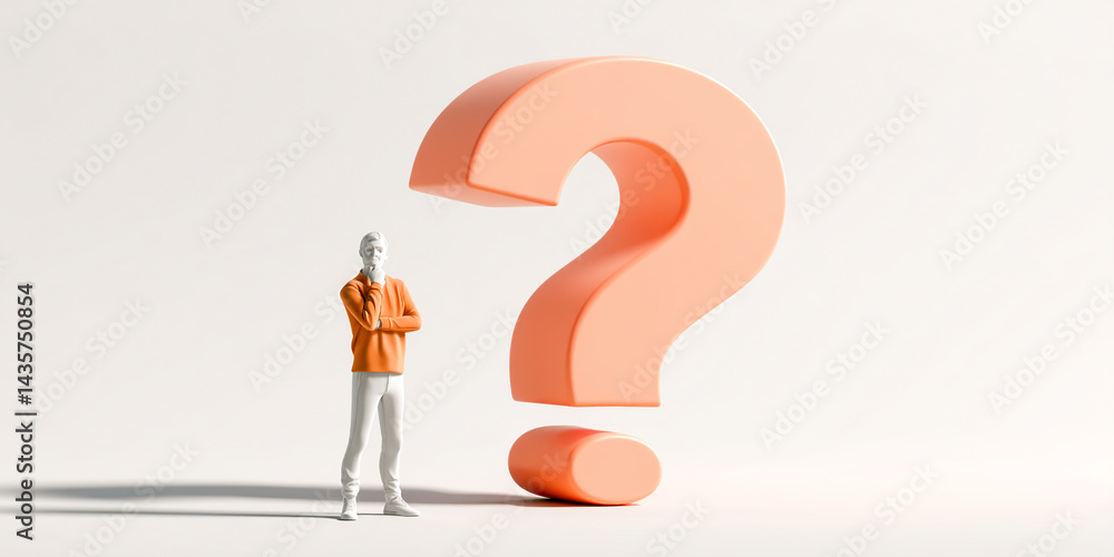Poster 3d render of a person contemplating a large question mark, symbolizing uncertainty, inquiry, or prob