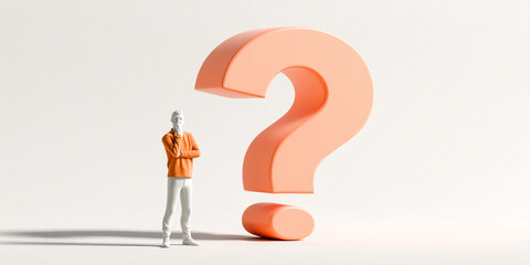 3D render of a person contemplating a large question mark, symbolizing uncertainty, inquiry, or problem-solving